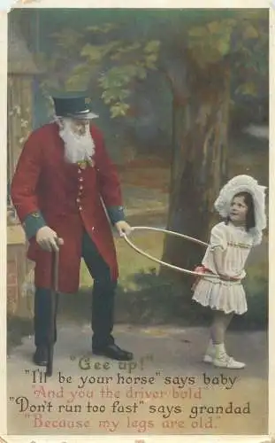 Grandad & lovely girl cercle game toy old postcard