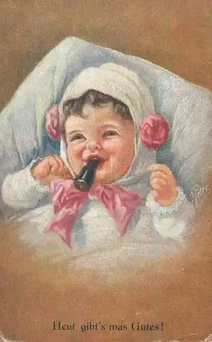 Peter artist signed cute drawn baby girl Heut gibt`s mas Gutes !