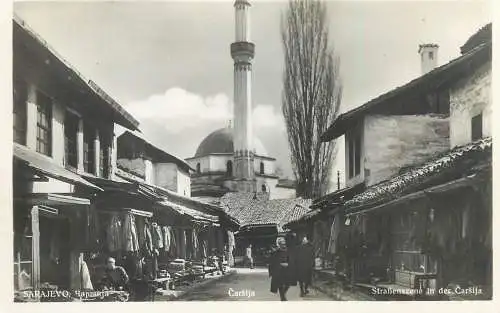 Bosnia Herzegovina Sarajevo mosque & street market real photo postcard
