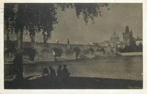 Prag in moonlight Karlsbrucke bridge 1925