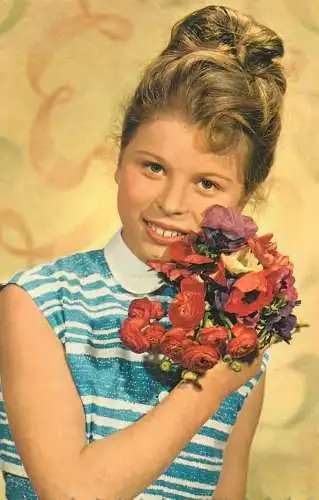Postcard beautiful young girl smile fancy coiffure flower bouquet