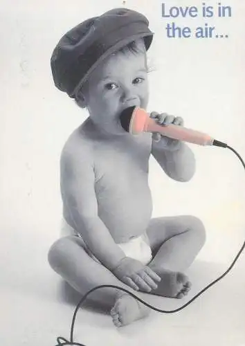 Postcard little baby singing to microphone Love is in the air funny humour
