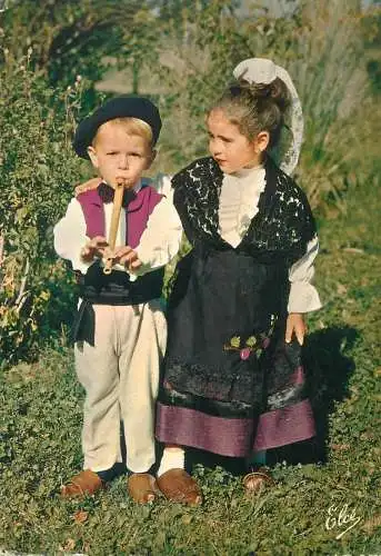 Postcard ethnic types young boy and girl folklore traditional costumes