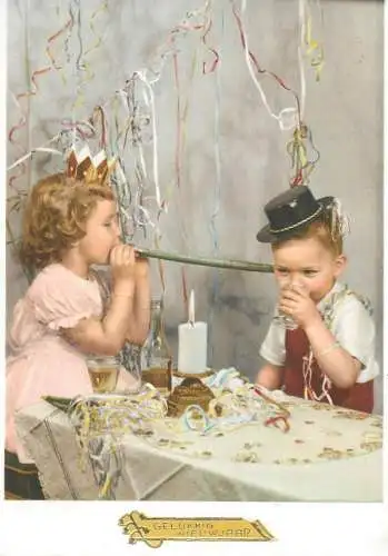 greetings Postcard boy and girl children types celebrating New Year festive atmosphere