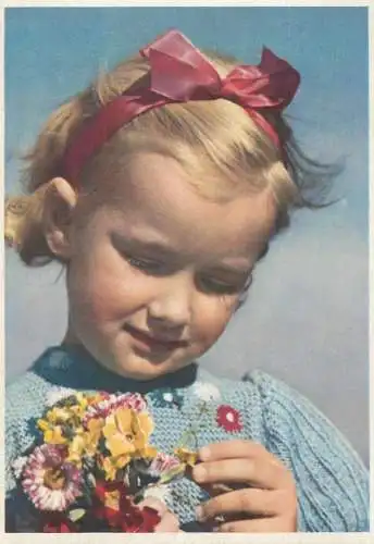 children Postcard beautiful young girl red ribbon flower bouquet