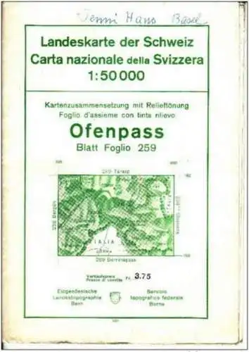 Carte nationale della Svizzera feuille 259 Topographical map Switzerland 1951 Ofenpass scale 1:50.000