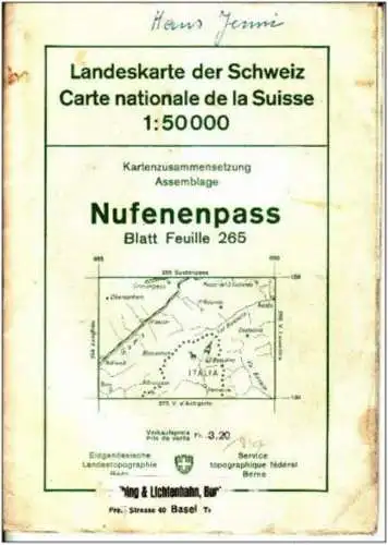 Carte nationale de la Suisse feuille 265 Topographical map Switzerland Nufenenpass scale 1:50.000
