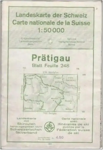 Topographical map Switzerland 1950 Pratigau scale 1:50.000 carte nationale avec itineraires de ski feuille 248