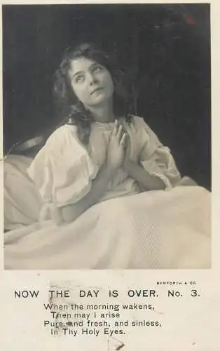 Now the day is over no. 3 vintage Postcard beautiful young lady praying before sleep