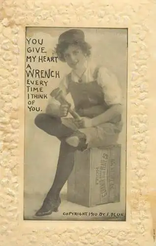 embossed vintage Postcard charming lady humour quote you give my heart a wrench every time I think of you
