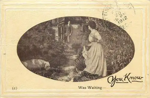 embossed vintage Postcard elegant lady and gentleman in garden