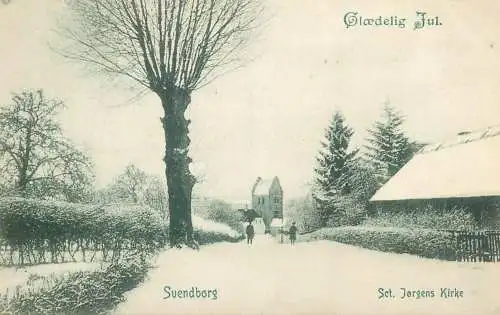 vintage Postcard Denmark Svendborg St Jorgens Kirke Christmas greetings winter day