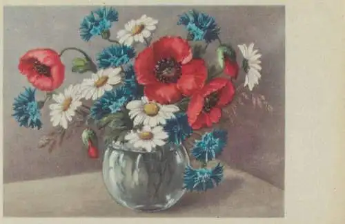 Flowers vase poppies & daisies topical bouquet fleurs