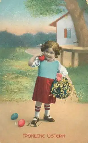 Frohliche Ostern cute girl & penciled red eggs