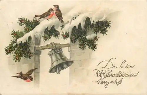 Christmas winter scenery birds & bell greetings postcard
