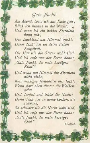 Gute Nacht Volkslied poem poetry Germany luck shamrock frame