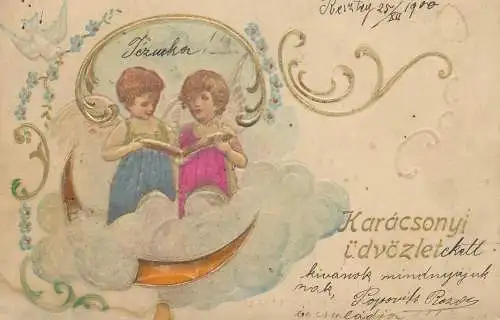 Christmas greetings 1900 angels cherubs Hungary Karacsonyi udvozlet