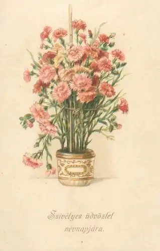 Drawn flowers vase name day greetings Hungary