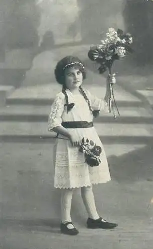 Lovely girl with flowers early greetings postcard