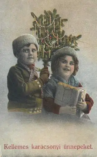 Children couple Christmas greetings Hungary Kellemes karacsonyi 1923