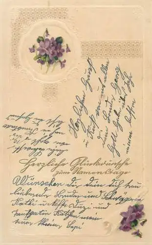 Name day 1915 flowers purple emboss novelty art nouveau greetings postcard
