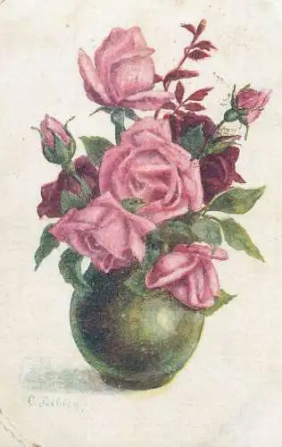 Drawn roses vase artist postcard 1921