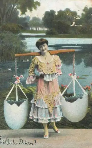 Easter greetings Postkarte Frau eggs basket