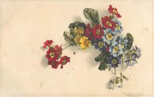 Meissner & Buch Kunstler Postkarte flowers chromo postcard censur