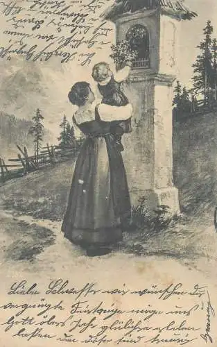 Drawn woman & child holy place scenery 1915 postcard Medgyes cancel undivided back