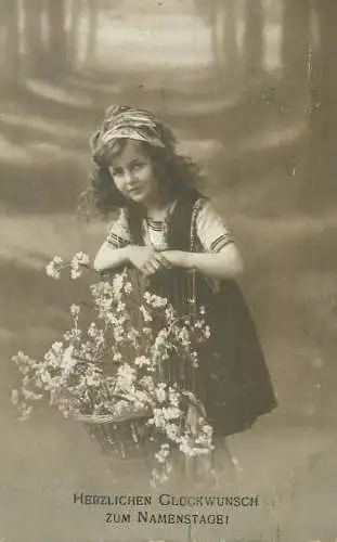 Name day greetings postcard lovely girl blossom flowers