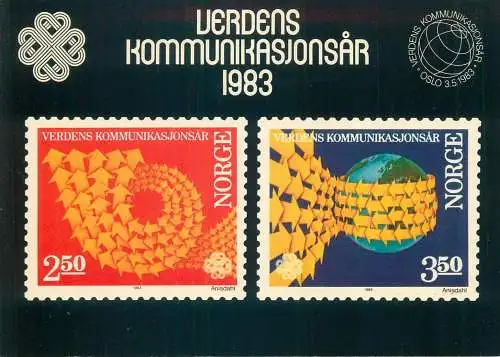 Postcard about stamps Norway Verdens Kommunikasjonsar 1983