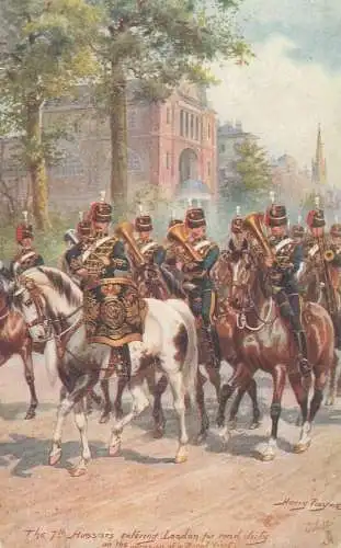 Military in London series Raphael Tuck postcard  the 7th hussars entering London Royal visit occasion artist Harry Payne