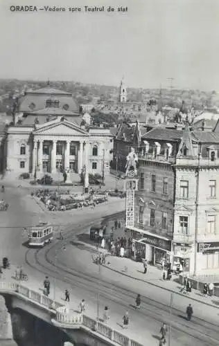 Romania postcard Oradea state theatre view and tram 1963