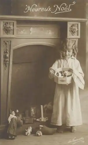 Lovely girl near chimney & toys 1919 New Year greetings postcard
