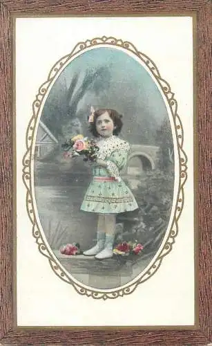 Children greetings lovely girl & flowers bouquet 1911