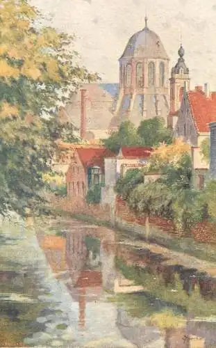 Mechelen Malines Aquarel cpa la Dyle avec sur l`eglise de Notre Dame de Hanswyck