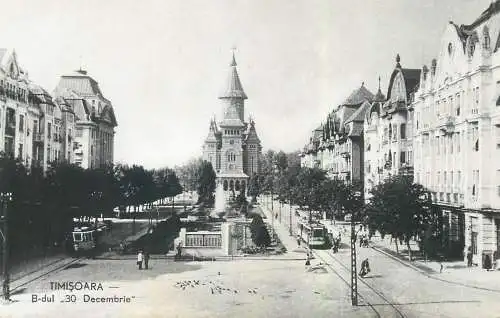 Romania postcard Timisoara city center view tram cathedral