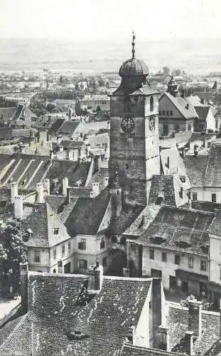 Romania postcard Sibiu 1966 clocktower rooftop view