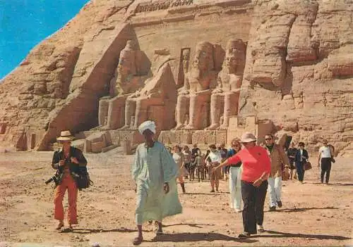 Postcard Egypt Abu Simbel Rock Temple of Ramses II gigantic statues partial view ethnic types and scenes tourists