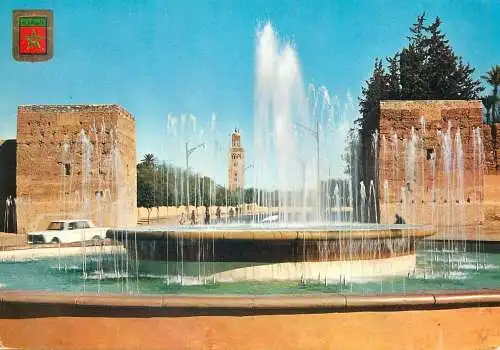Postcard Morocco Marrakech Jdid gate fountain and the Koutoubia
