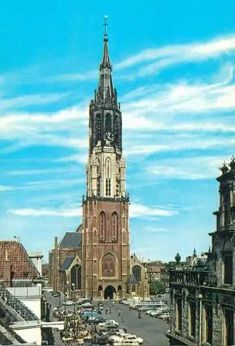 Postcard Netherlands Delft square with new church