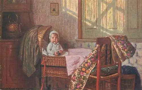 Painting postcard galerie Munchner Meister Hermann Knopf Erwacht baby in basket