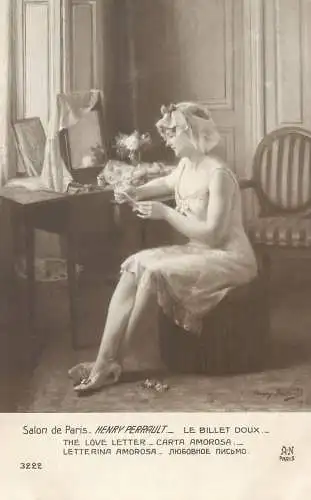 Painting postcard Salon de Paris Henry Perrault le billet doux the love letter