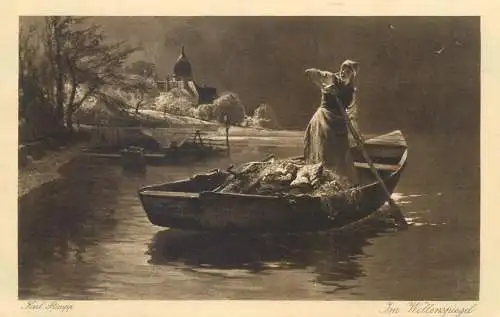 Painting postcard Karl Raupp fisherwoman rowing 1916