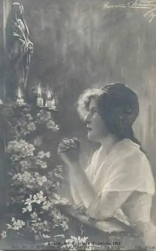 Painting postcard Genevieve Chaudey en priere 1914