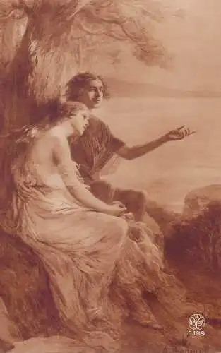 Painting postcard  France A Renalt lovers in nature