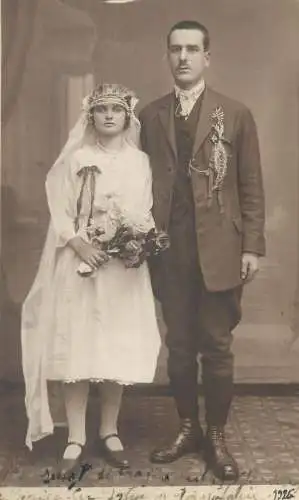 Real photo wedding bride and groom bouquet 1926 traditions veil