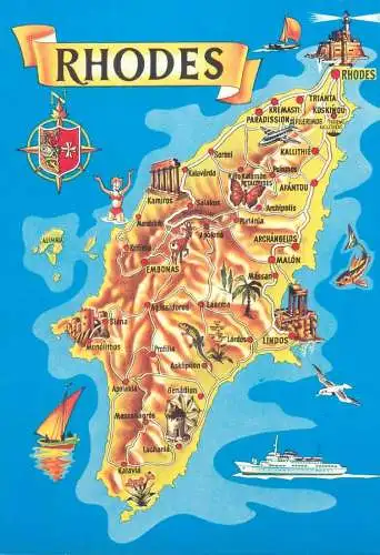 Greece postcard Rhodes descriptive map of Rhodes