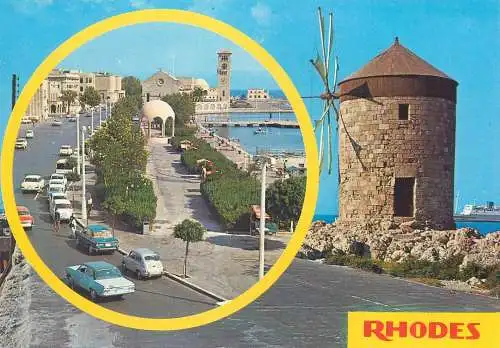 Greece postcard Rhodes greetings from Lindos multi view ruins fort church harbour
