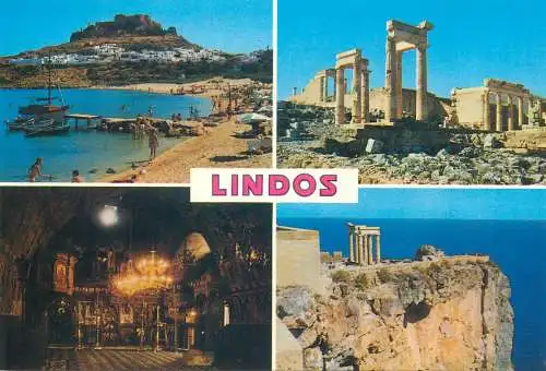 Greece postcard Rhodes greetings from Lindos multi view ruins fort church harbour
